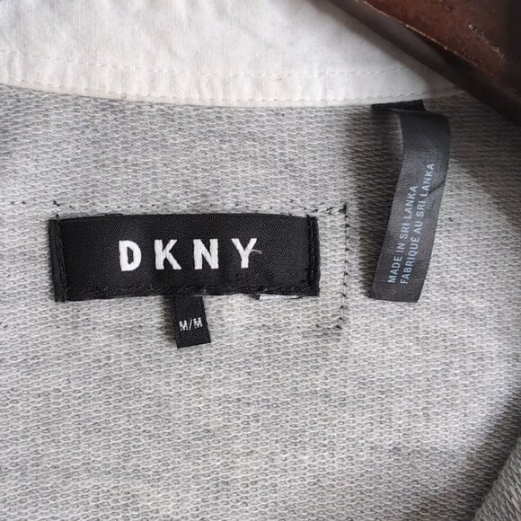 DKNY Men's Light Grey Snap Button Polo Navy Stripe Embroidery Spellout, Size Med - Picture 6 of 9